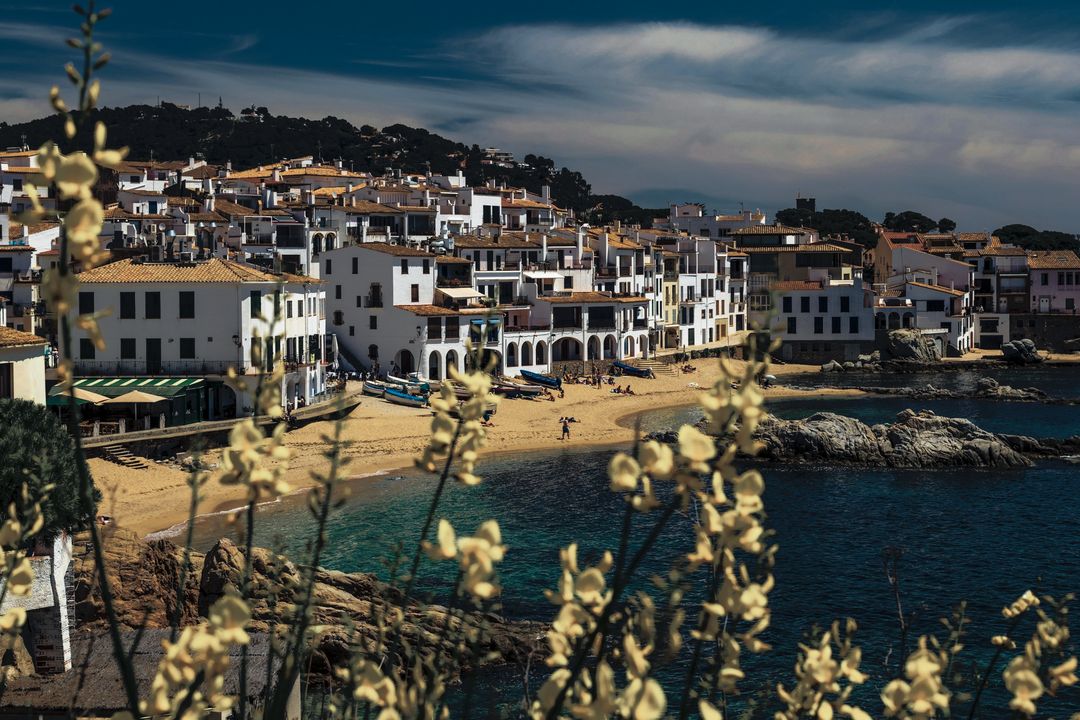 A white coastal village above a turquoise bay, framed by yellow flowers, edited by Rafe