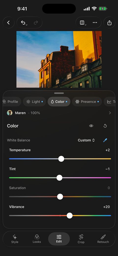 Tonalier on iPhone: the Color panel with White Balance, Temperature, Tint, Saturation and Vibrance.