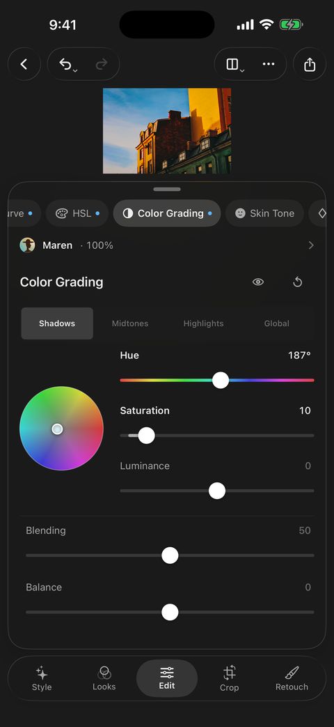 Tonalier on iPhone: Color Grading with a color wheel for shadows, midtones, highlights and global.