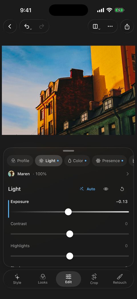 Tonalier on iPhone: the Light panel with Exposure, Contrast and Highlights under the photo.