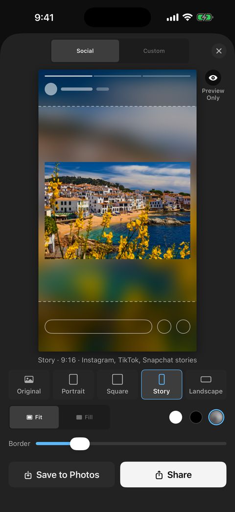 Tonalier on iPhone: Export on Social with Story selected, the photo fitted on a blurred background.