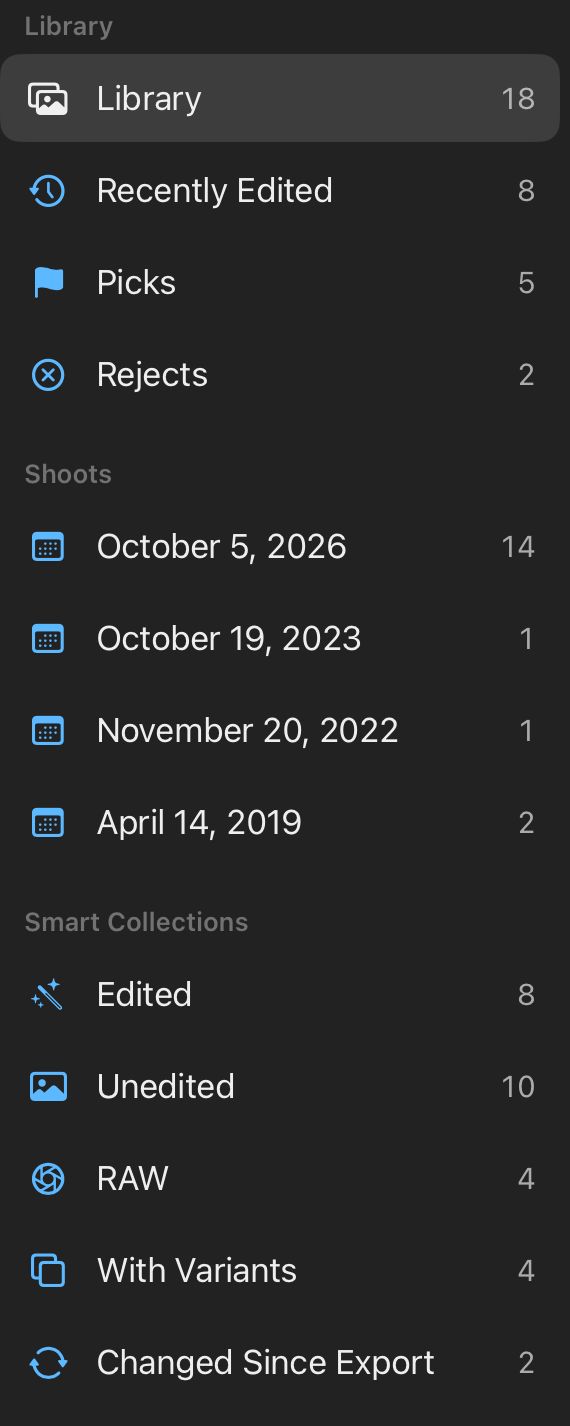 Tonalier’s library sidebar: Library, Recently Edited, Picks, Rejects, a shoot by date, and the smart collections Edited, Unedited, RAW, With Variants and Changed Since Export.